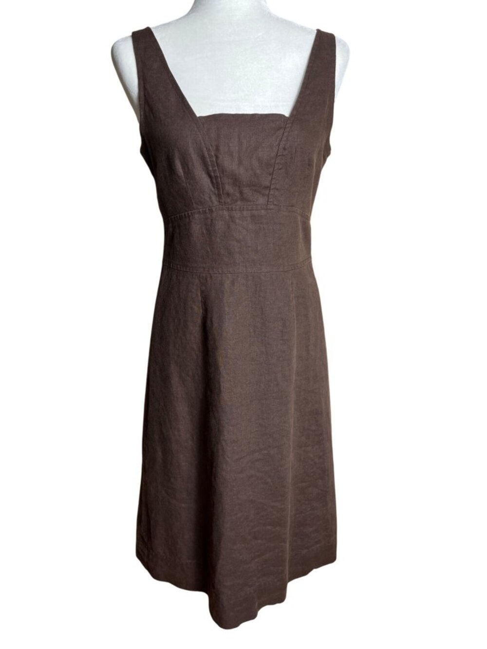 Linen A-line Dress Brown Midi Sundress Jumper Minimalist Preppy Retro Fall Wom S
